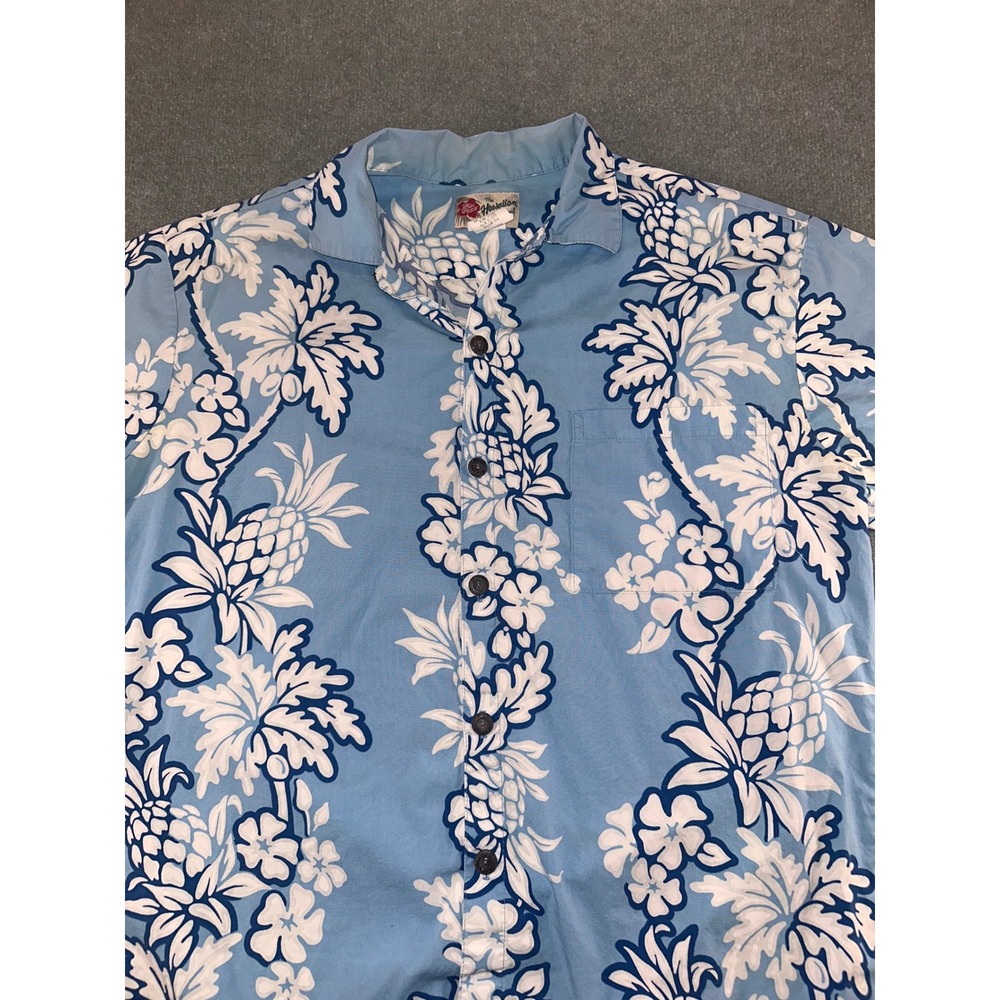 Hilo Hattie Mens Blue Pineapple Floral Hawaiian Shirt Made in Hawaii Size L 516